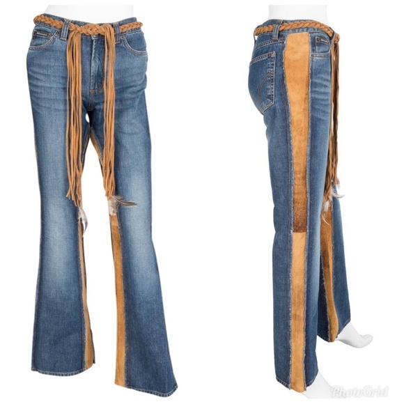 DOLCE & GABBANA DENIM & SUEDE FLARE JEANS - Picture 1 of 6